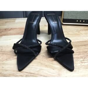 Black Suede Studio Heels Women's 7.5 Black Slip-On Embellished Cocktail Sandals